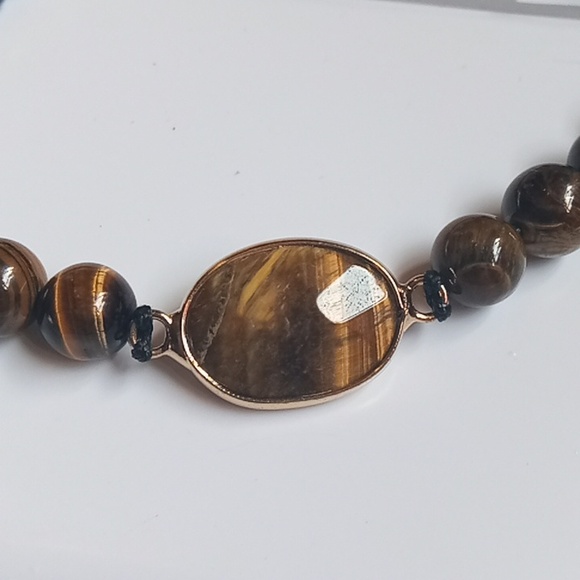 Men's Natural Tiger's Eye Stone Beaded Adjustable Leather Weave Slide Bracelet - Picture 4 of 7